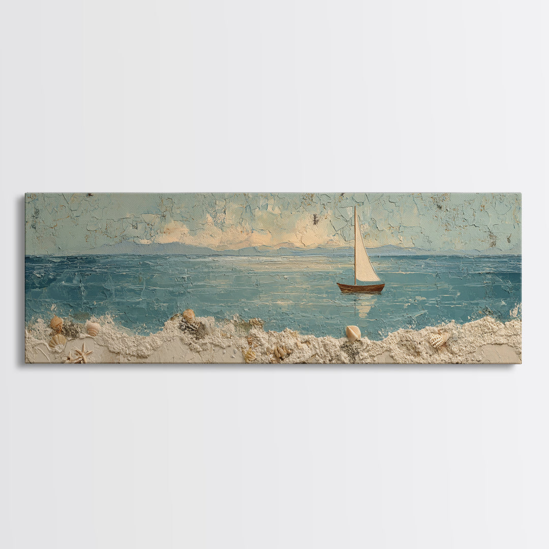 Whale Tail Beside Small Sailboat Framed Canvas Print, Nautical Art, Coastal Decor, Oil Painting, Harbor, Fine Art Print, NAU-3x1-74