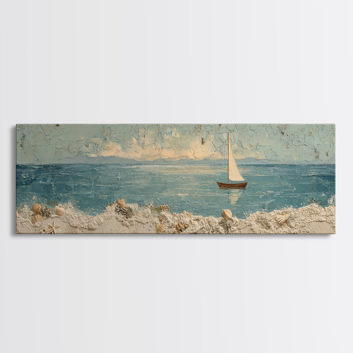 Whale Tail Beside Small Sailboat Framed Canvas Print, Nautical Art, Coastal Decor, Oil Painting, Harbor, Fine Art Print, NAU-3x1-74