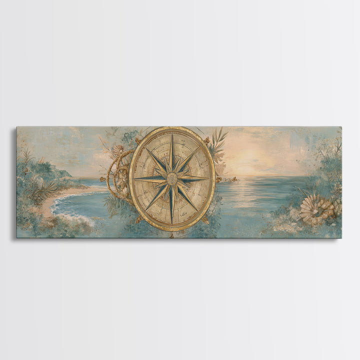 Antique Compass with Rope and Shells Framed Canvas Print, Nautical Art, Beach Print, Coastal Decor, Fine Art, Harbor, NAU-3x1-90