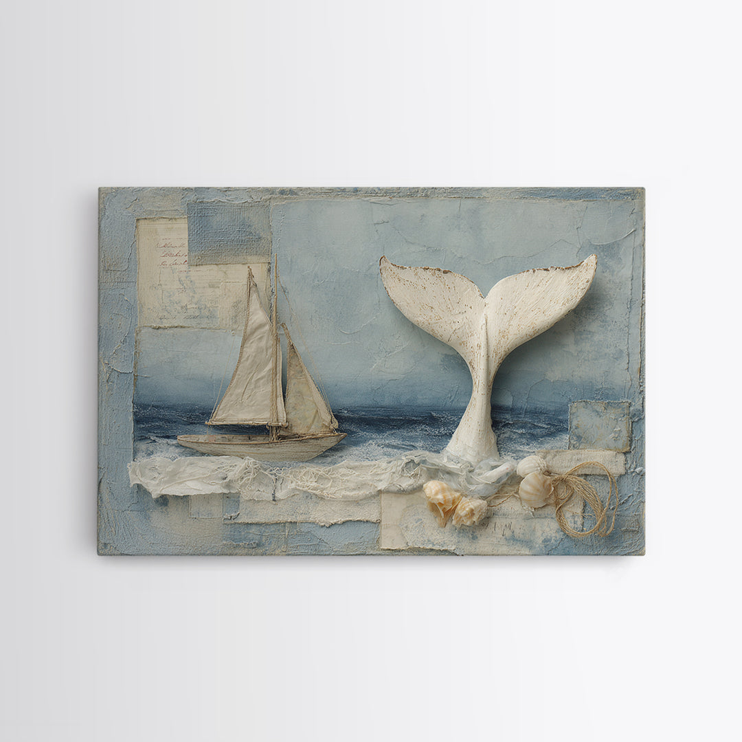 Whale Tail Beside Small Sailboat Framed Canvas Print, Nautical Art, Digital Print, Coastal Decor, Fine Art, Harbor, Beach Print, NAU-3x2-14