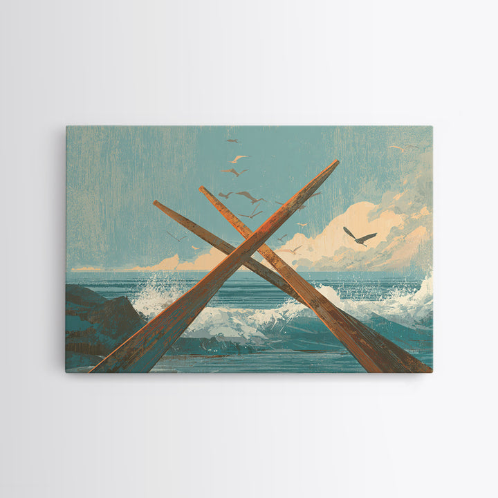 Weathered Oars Crossed Framed Canvas Print, Nautical Art, Coastal Wall Art, Coastal Decor, Fine Art, Harbor, Neutral Decor, NAU-3x2-15