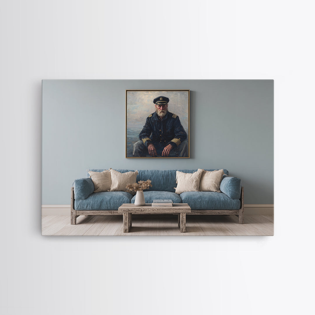 Sea Captain Portrait Framed Canvas Print, Nautical Art, Room Decor, Coastal Decor, Oil Painting, Harbor, Printable, NAU-3x2-35
