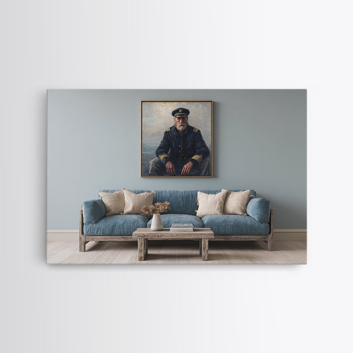 Sea Captain Portrait Framed Canvas Print, Nautical Art, Room Decor, Coastal Decor, Oil Painting, Harbor, Printable, NAU-3x2-35