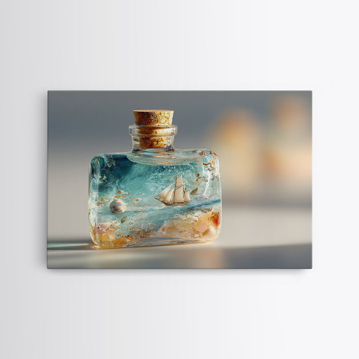 Bottle with Tiny Ship and Ocean Inside Canvas Print, Nautical Art, Minimalist Decor, Coastal Decor, Oil Painting, Harbor, NAU-3x2-68