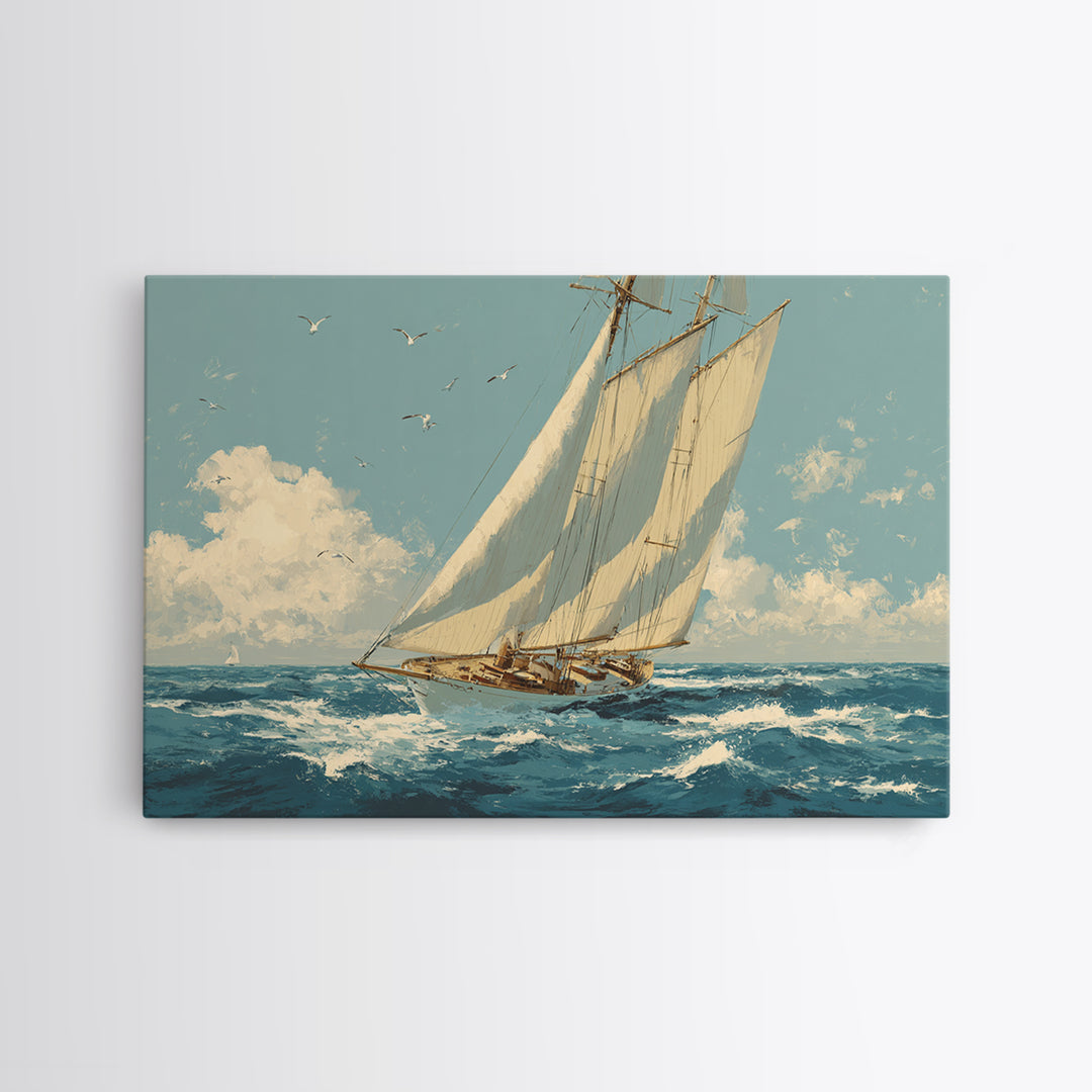 Classic Yacht Racing Through Whitecaps Framed Canvas Print, Nautical Art, Nautical Wall Art, Coastal Decor, Watercolor Art, NAU-3x2-71