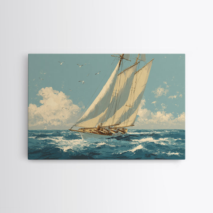 Classic Yacht Racing Through Whitecaps Framed Canvas Print, Nautical Art, Nautical Wall Art, Coastal Decor, Watercolor Art, NAU-3x2-71