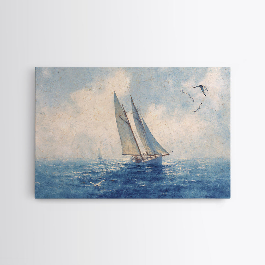 Sailboat Leaning into Wind on Blue Water Framed Canvas Print, Nautical Art, Room Decor, Coastal Decor, Fine Art, Harbor, NAU-3x2-77