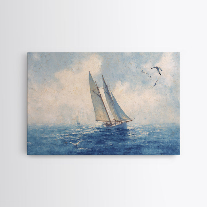 Sailboat Leaning into Wind on Blue Water Framed Canvas Print, Nautical Art, Room Decor, Coastal Decor, Fine Art, Harbor, NAU-3x2-77