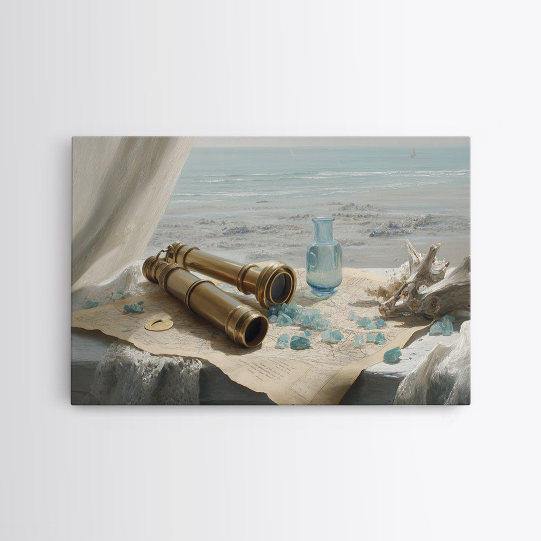 Brass Telescope and Old Map Still Life Framed Canvas Print, Nautical Art, Ocean Art, Coastal Decor, Oil Painting, Harbor, NAU-3x2-82