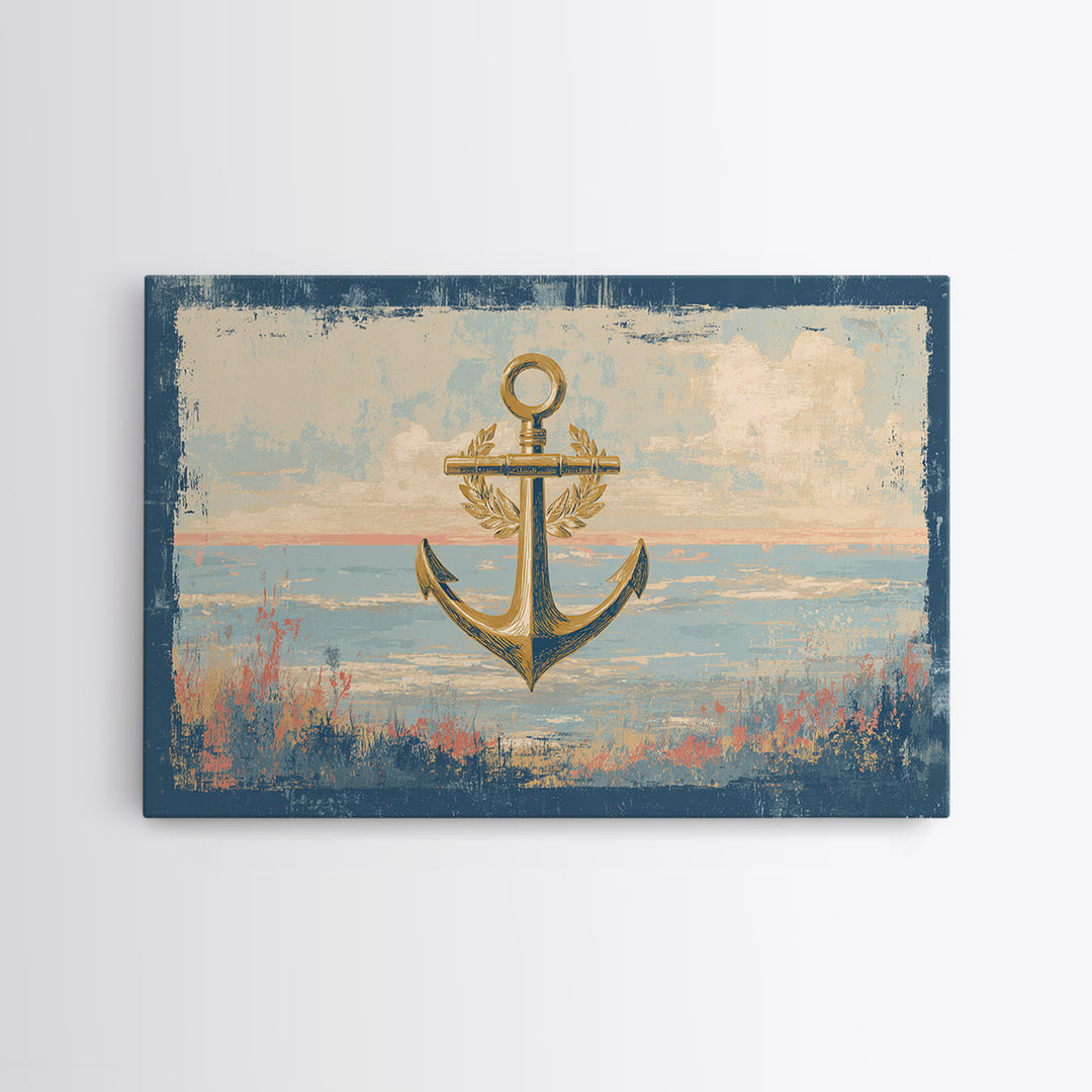 Anchor and Laurel Nautical Crest Without Text Framed Canvas Print, Nautical Art, Beach Decor, Coastal Decor, Fine Art, Harbor, NAU-3x2-9
