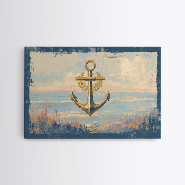 Anchor and Laurel Nautical Crest Without Text Framed Canvas Print, Nautical Art, Beach Decor, Coastal Decor, Fine Art, Harbor, NAU-3x2-9