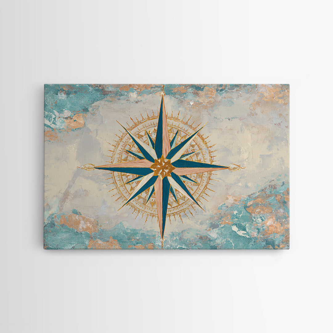 Nautical Star Compass Rose Framed Canvas Print, Nautical Art, Beach Print, Coastal Decor, Fine Art, Harbor, Luxury Decor, NAU-3x2-90