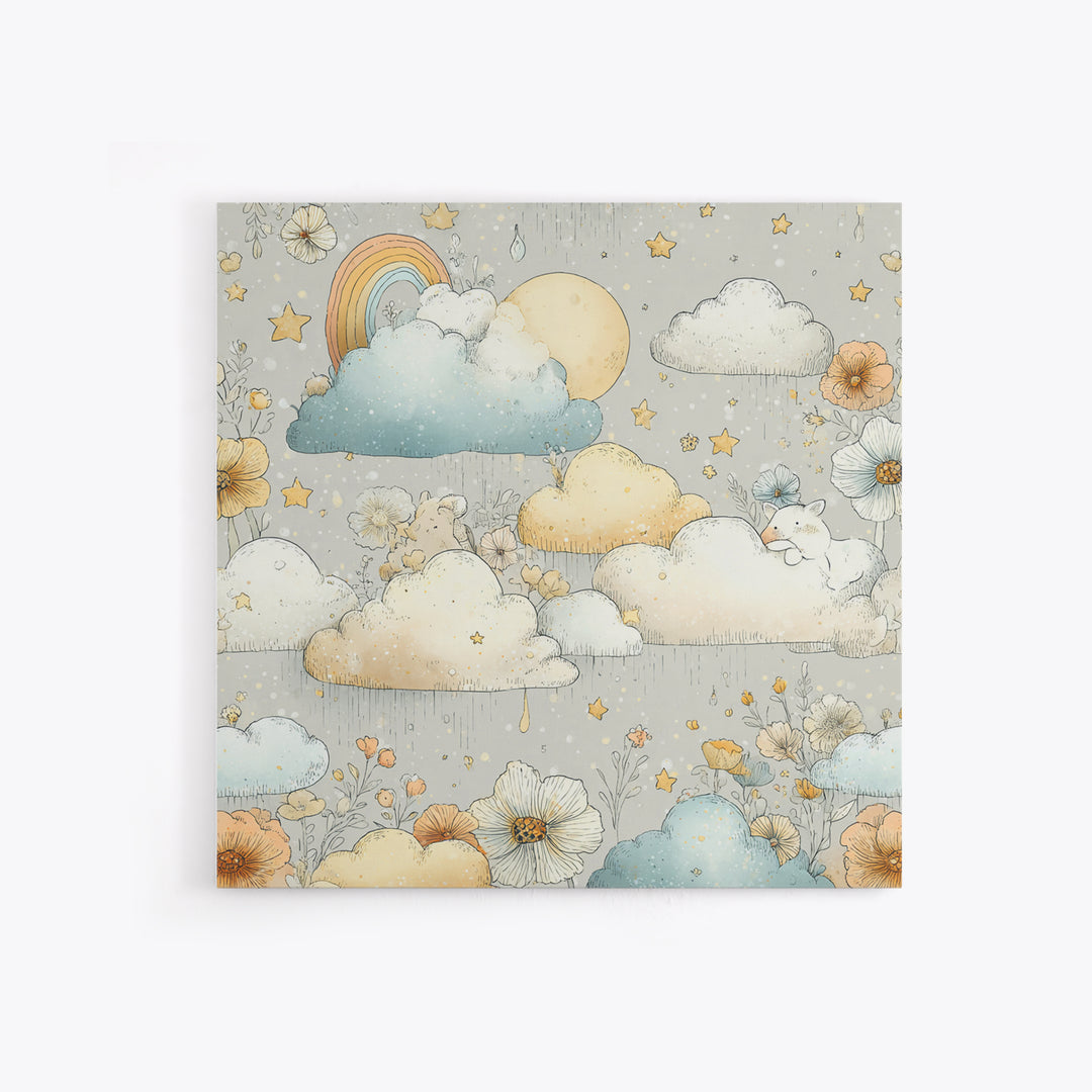 Cloud Rainbow and Raindrop Composition Canvas Print, Nursery Decor, Canvas, Fine Art, Nursery, Playroom Decor, Floral Wall Art, NDE-1x1-20