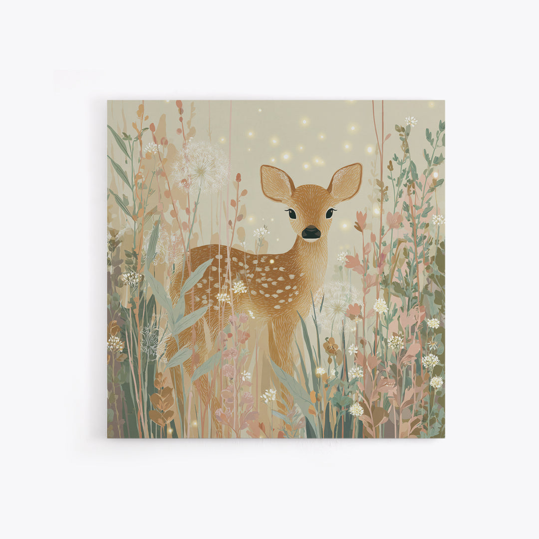 Baby Deer in Meadow with Fireflies Canvas Print, Nursery Decor, Floral Wallpaper, Nursery, Fine Art Print, Statement Artwork, NDE-1x1-22