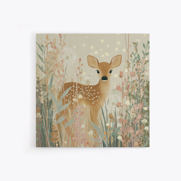 Baby Deer in Meadow with Fireflies Canvas Print, Nursery Decor, Floral Wallpaper, Nursery, Fine Art Print, Statement Artwork, NDE-1x1-22