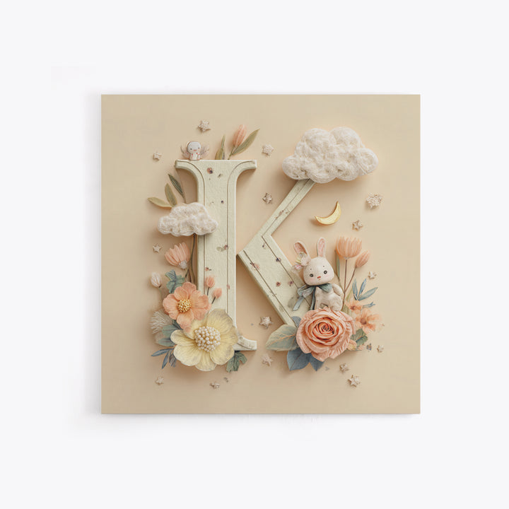 Soft Floral Initial Frame Without Letters Framed Canvas Print, Nursery Decor, Boy Nursery Decor, Fine Art, Nursery, NDE-1x1-34