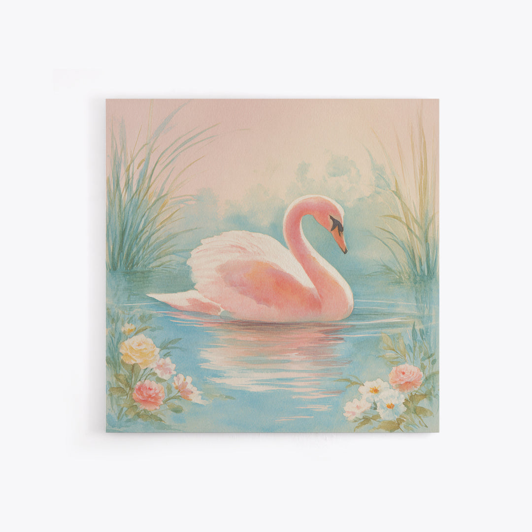 Pink Swan on Calm Pond Framed Canvas Print, Nursery Decor, Boho Decor, Oil Painting, Nursery, Nursery Wall Art, Framed Wall Art, NDE-1x1-37