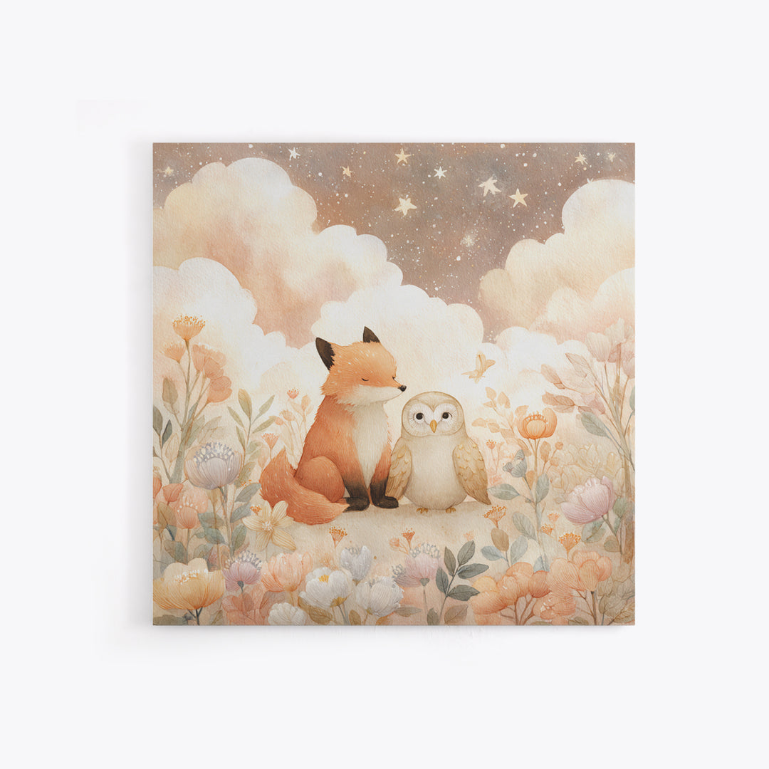 Fox and Owl Friends Framed Canvas Print, Nursery Decor, Gallery Decor, Fine Art, Nursery, Wall Art, Home Decor, Wall Decor, NDE-1x1-38