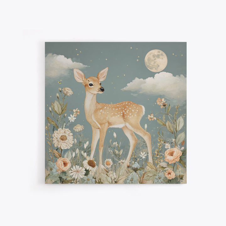 Baby Deer in Meadow with Fireflies Framed Canvas Print, Nursery Decor, Nursery Wall Decals, Oil Painting, Nursery, NDE-1x1-46