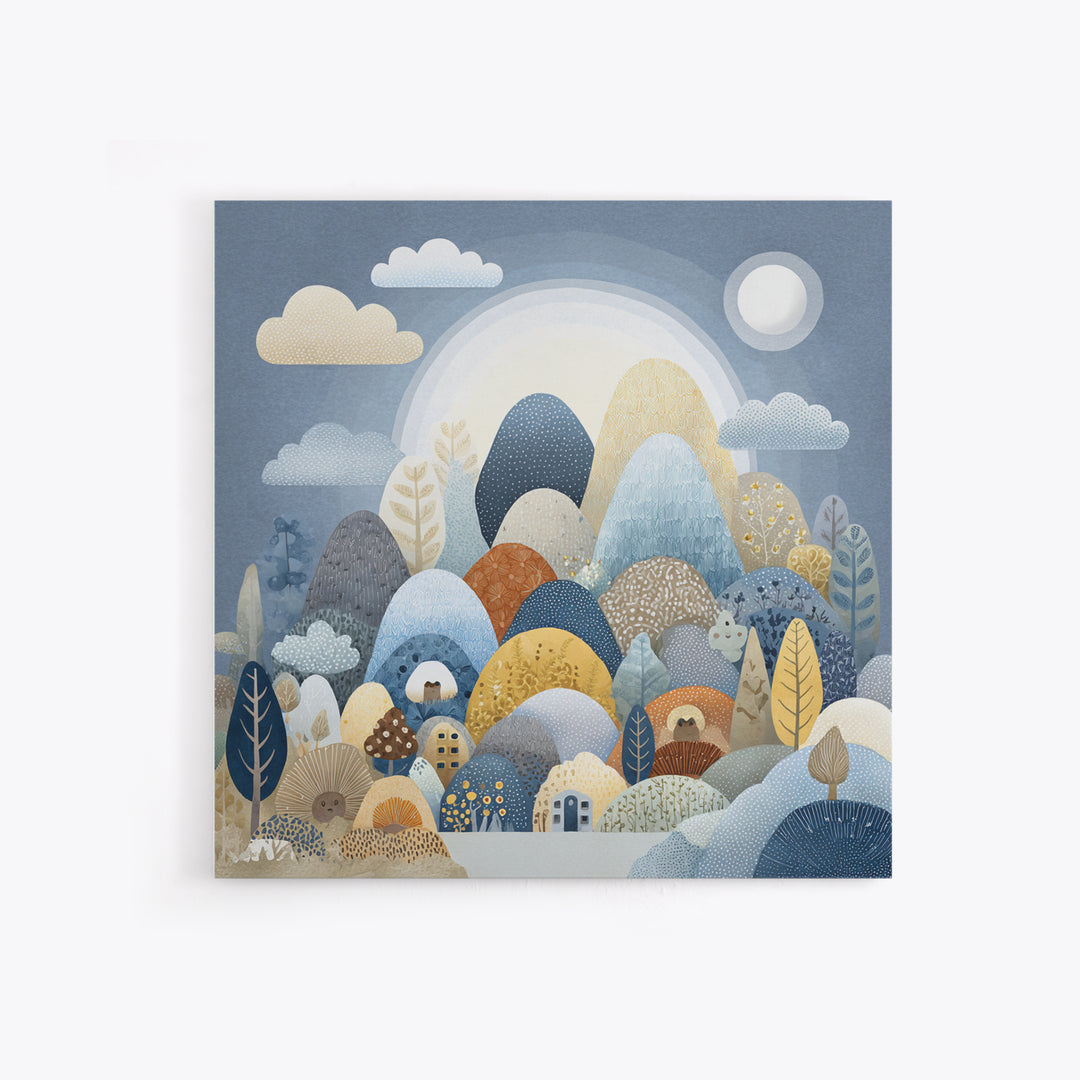 Calm Mountain Nursery Landscape Framed Canvas Print, Nursery Decor, Art Print, Oil Painting, Nursery, Woodland Nursery Decor, NDE-1x1-48