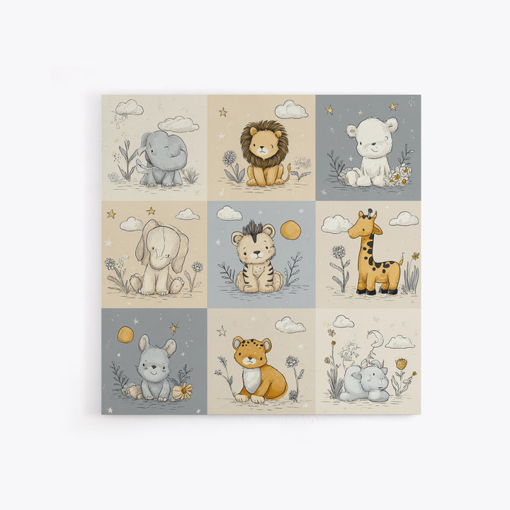 Cute Safari Animals Framed Canvas Print, Nursery Decor, Floral Wall Art, Fine Art, Nursery, Gallery Decor, Neutral Decor, NDE-1x1-52