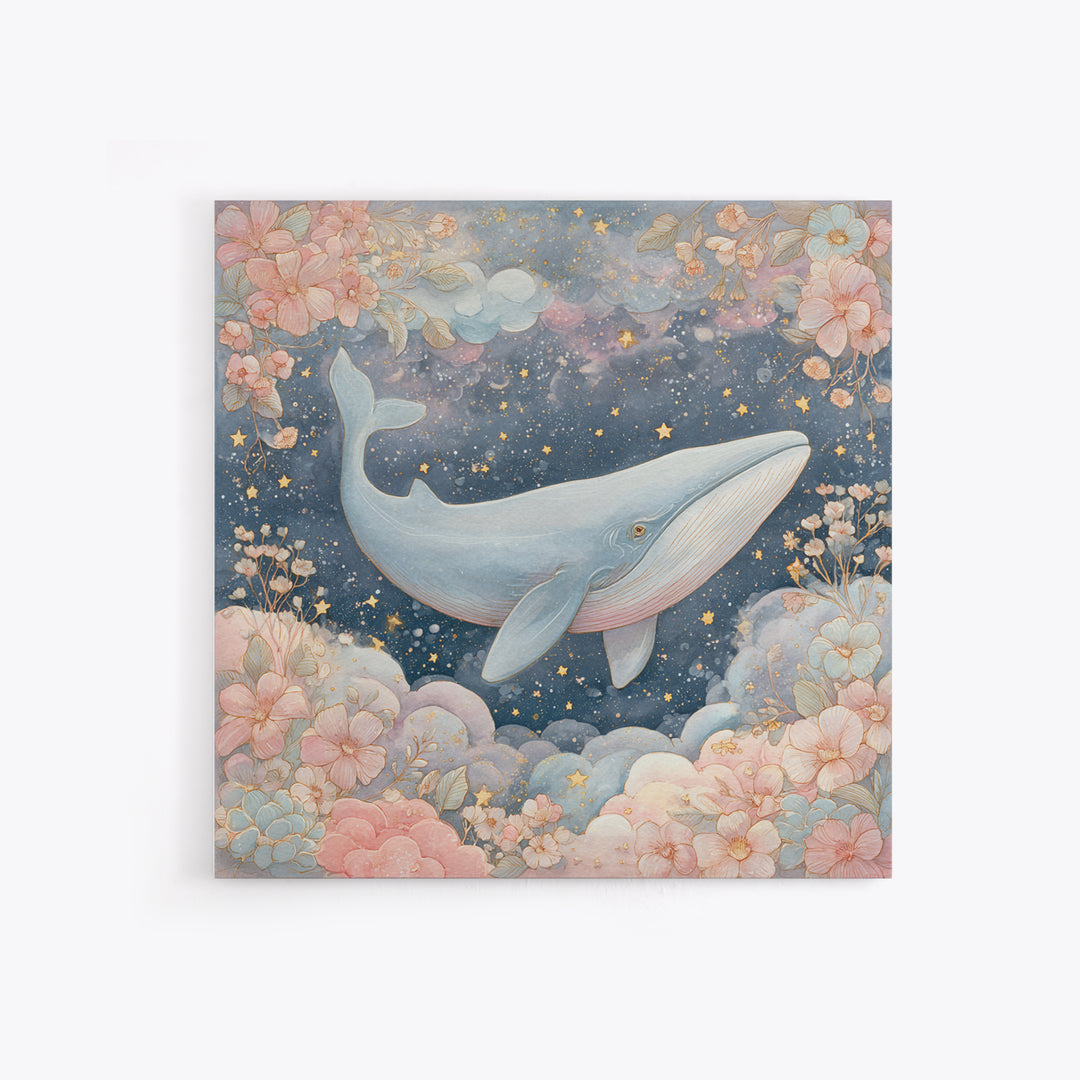 Baby Whale Swimming Through Stars Framed Canvas Print, Nursery Decor, Nursery, Fine Art, Nursery, Baby Girl Nursery Decor, NDE-1x1-56