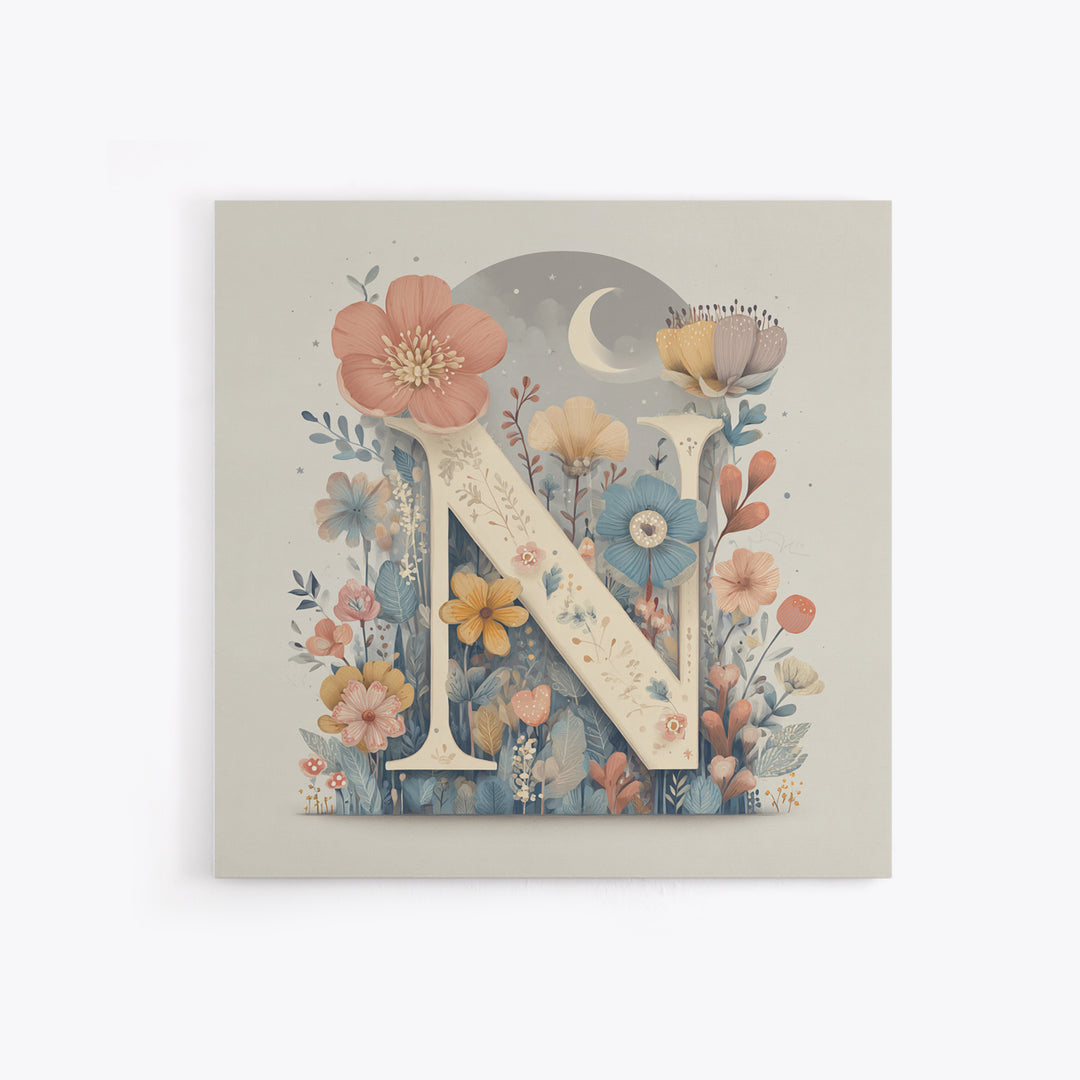 Soft Floral Initial Frame Without Letters Framed Canvas Print, Nursery Decor, Boy Nursery Decor, Fine Art, Nursery, NDE-1x1-58
