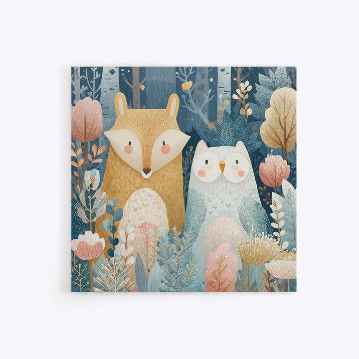 Fox and Owl Friends Framed Canvas Print, Nursery Decor, Gallery Decor, Fine Art, Nursery, Wall Art, Home Decor, Wall Decor, NDE-1x1-62