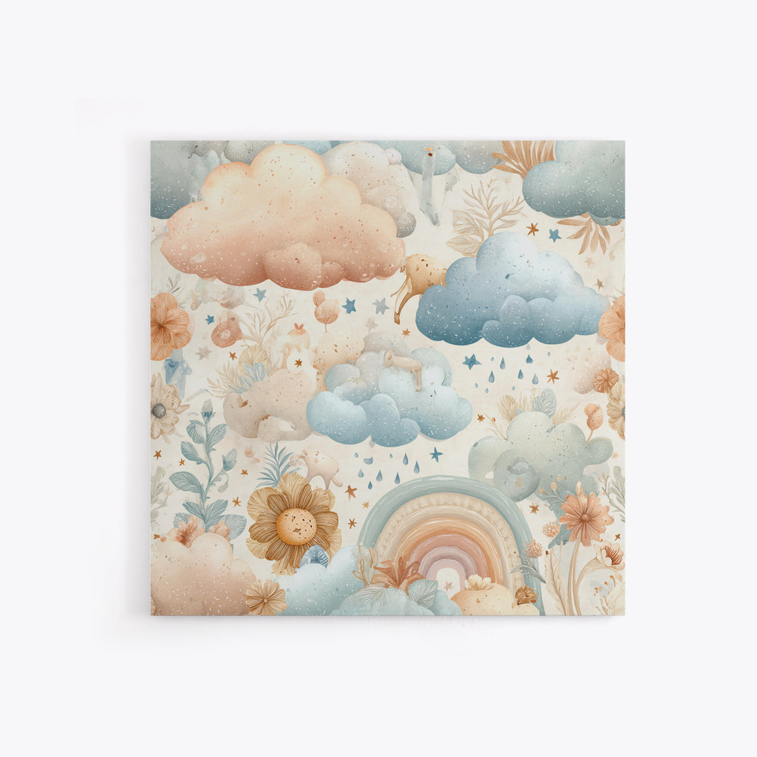 Cloud Rainbow and Raindrop Composition Framed Canvas Print, Nursery Decor, Wall Light, Fine Art, Nursery, Statement Artwork, NDE-1x1-68