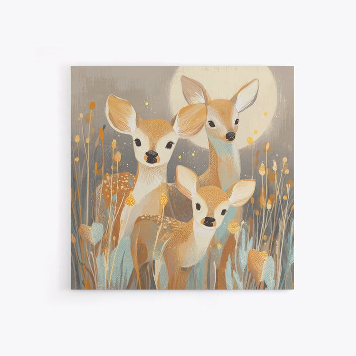Baby Deer in Meadow with Fireflies Framed Canvas Print, Nursery Decor, Nursery Wall Decals, Oil Painting, Nursery, NDE-1x1-70