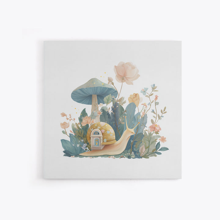 Garden Snail with Mushroom House Framed Canvas Print, Nursery Decor, Woodland Nursery, Watercolor Art, Nursery, NDE-1x1-71