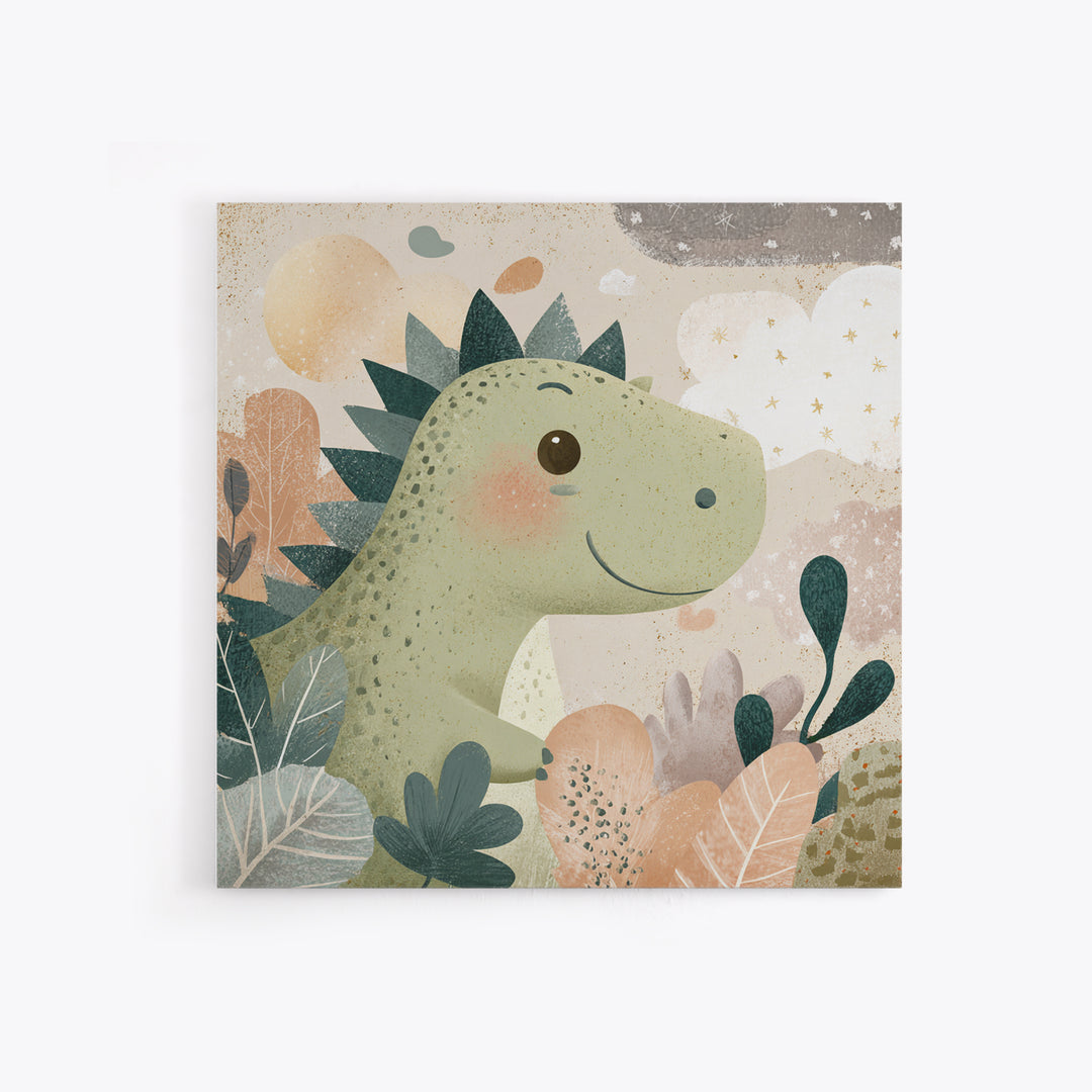 Gentle Dinosaur Family Framed Canvas Print, Nursery Decor, Boho Decor, Oil Painting, Nursery, Nursery Wall Art, Framed Wall Art, NDE-1x1-79