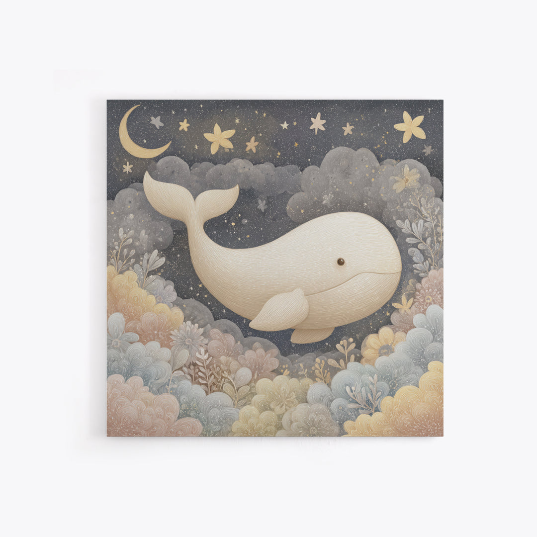 Baby Whale Swimming Through Stars Framed Canvas Print, Nursery Decor, Framed Wall Art, Fine Art, Nursery, Safari Nursery Decor, NDE-1x1-8