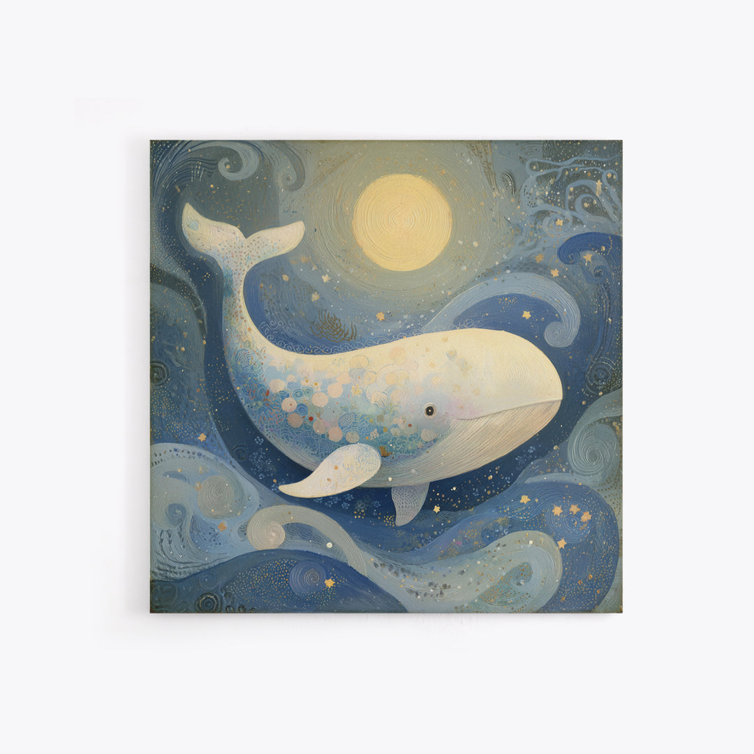 Baby Whale Swimming Through Stars Framed Canvas Print, Nursery Decor, Fine Art Print, Fine Art, Nursery, Printable Wall Art, NDE-1x1-80