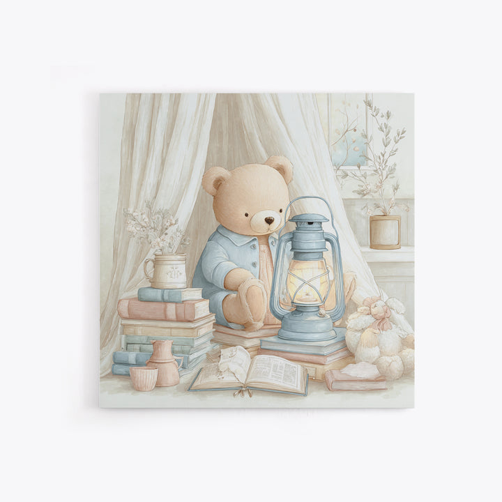 Storybook Bear with Little Lantern Canvas Print, Nursery Decor, Art Print, Fine Art, Nursery, Woodland Nursery Decor, NDE-1x1-81