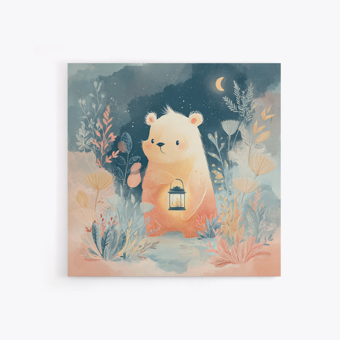 Storybook Bear with Little Lantern Canvas Print, Nursery Decor, Statement Artwork, Fine Art, Nursery, Printable Wall Art, NDE-1x1-9