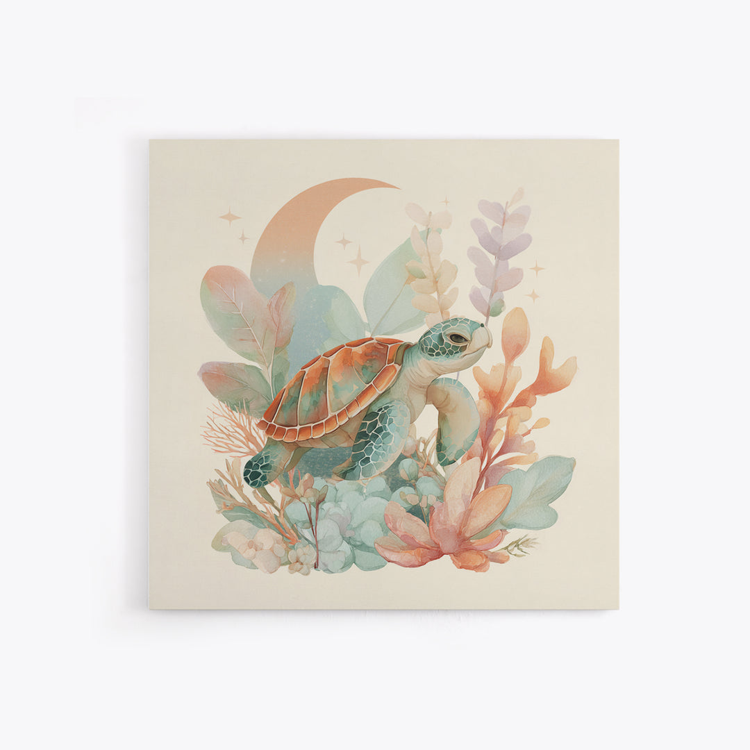Tiny Turtle with Sea Plants Canvas Print, Nursery Decor, Room Decor, Fine Art, Nursery, Framed Wall Art, Bedroom Decor, NDE-1x1-91