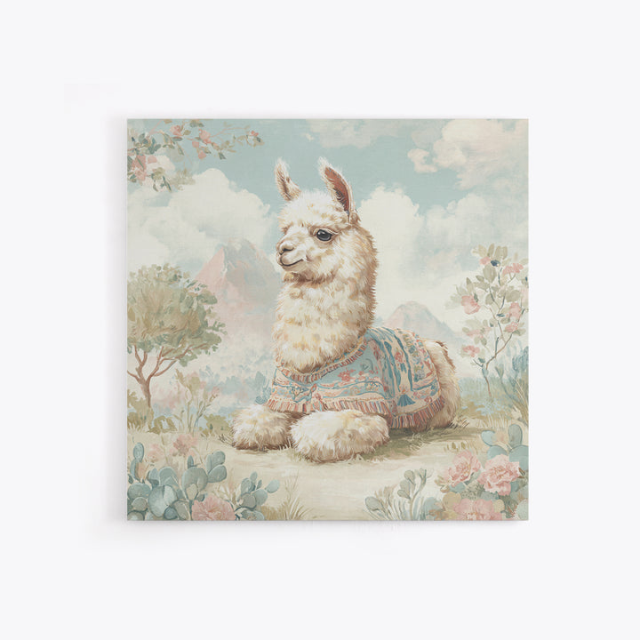 Cute Llama with Blanket Pattern Framed Canvas Print, Nursery Decor, Wall Art, Oil Painting, Nursery, Nursery Wall Decor, NDE-1x1-93