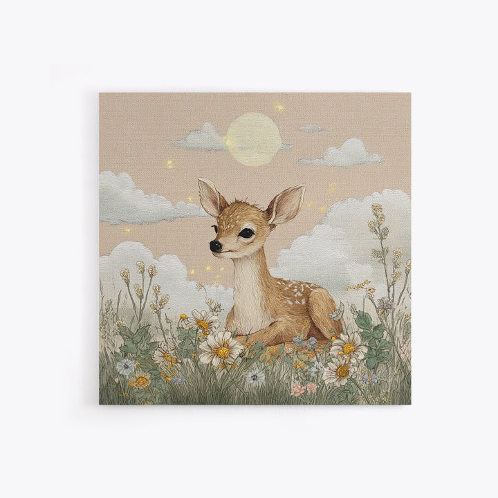 Baby Deer in Meadow with Fireflies Canvas Print, Nursery Decor, Modern Decor, Fine Art, Nursery, Wall Decor, Art Print, NDE-1x1-94