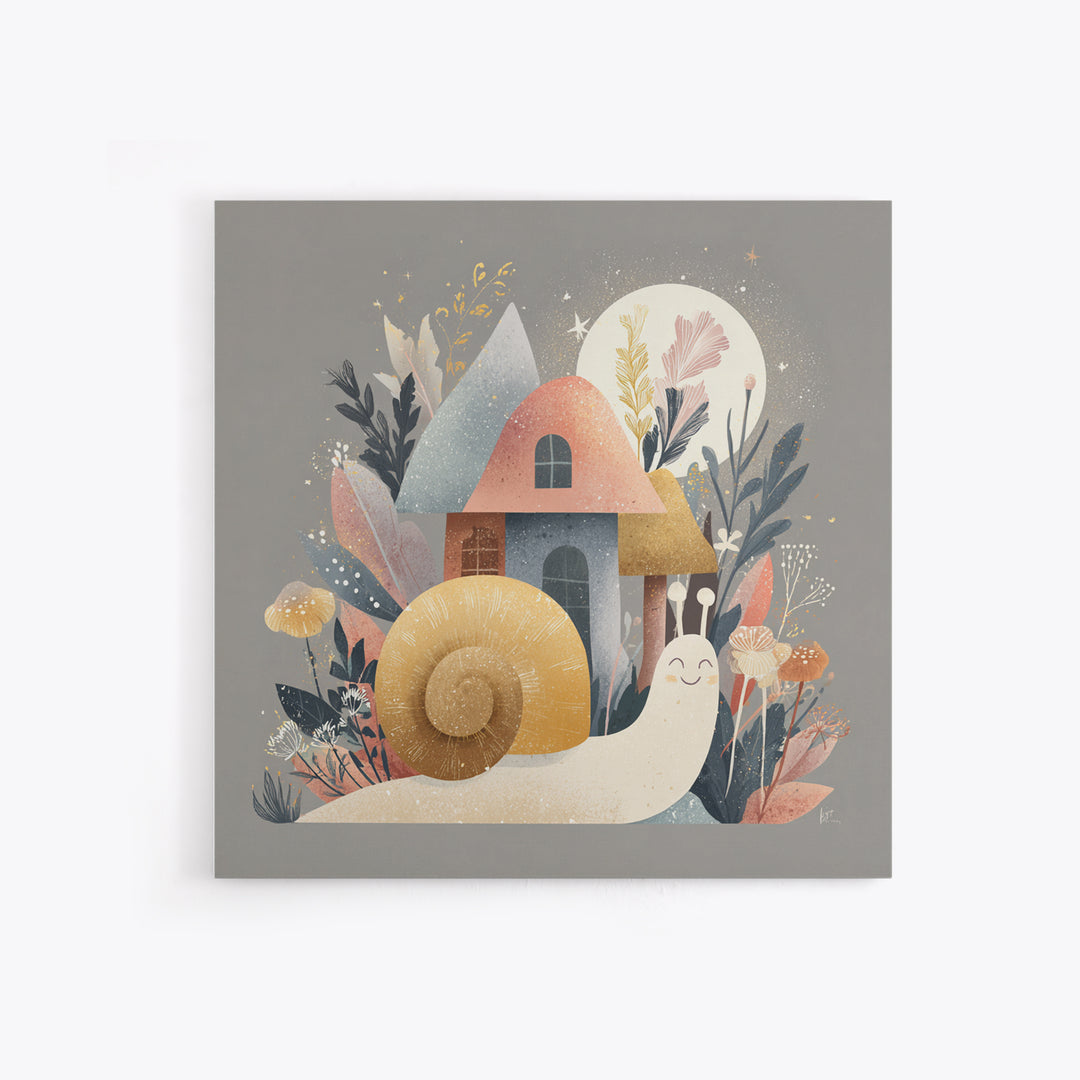 Garden Snail with Mushroom House Canvas Print, Nursery Decor, Fine Art Print, Watercolor Art, Nursery, Printable Wall Art, NDE-1x1-95
