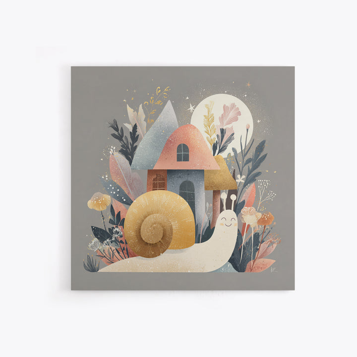 Garden Snail with Mushroom House Canvas Print, Nursery Decor, Fine Art Print, Watercolor Art, Nursery, Printable Wall Art, NDE-1x1-95
