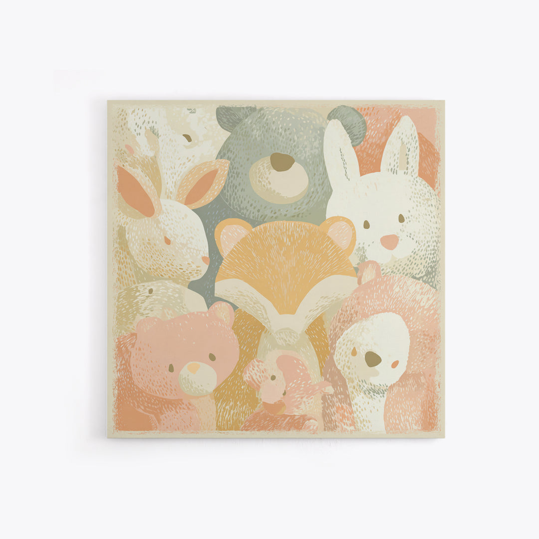 Woodland Animal Parade Canvas Print, Nursery Decor, Textured Painting, Nursery, Bedroom Decor, Wall Decal, Wall Decals, NDE-1x1-98