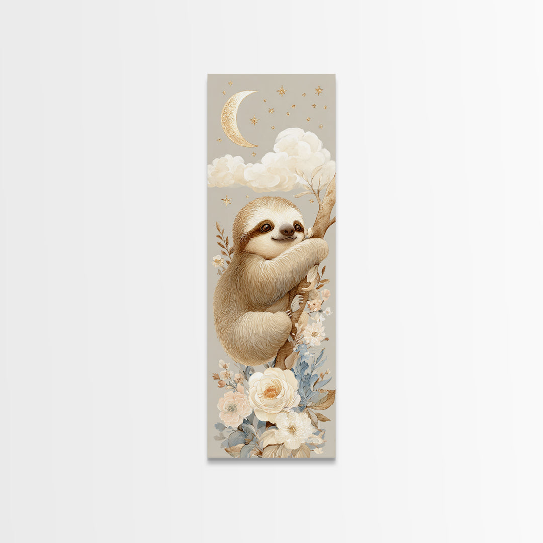 Sleepy Sloth Hanging from Branch Canvas Print, Nursery Decor, Neutral Decor, Oil Painting, Nursery, Home Decor, Wall Decor, NDE-1x3-18