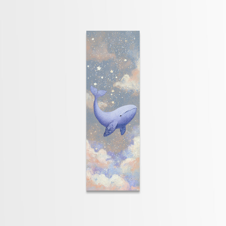 Baby Whale Swimming Through Stars Framed Canvas Print, Nursery Decor, Wall Decor, Fine Art, Nursery, Woodland Nursery Decor, NDE-1x3-20