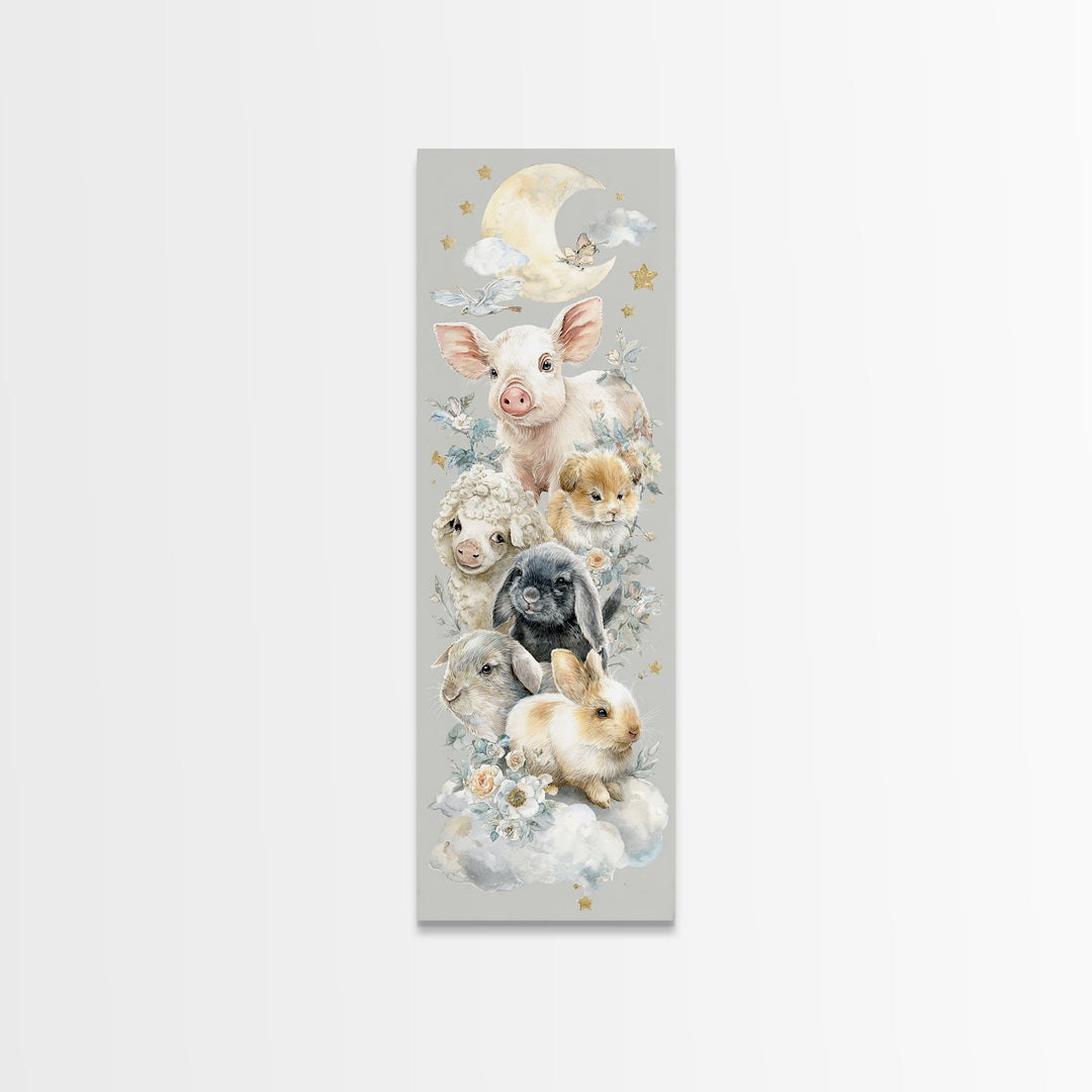 Farm Animals in Soft Watercolor Style Framed Canvas Print, Nursery Decor, Nursery Wall Decal, Oil Painting, Nursery, NDE-1x3-30