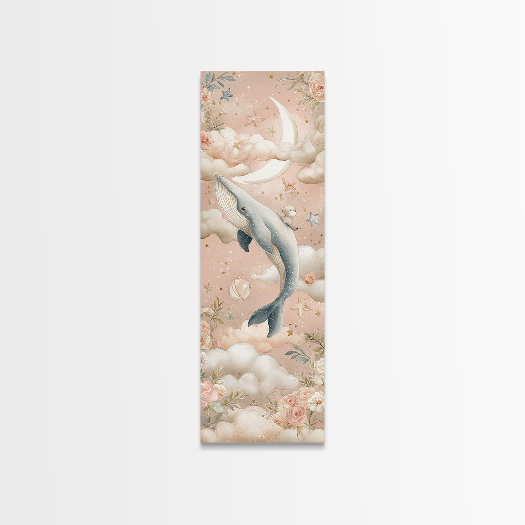 Baby Whale Swimming Through Stars Canvas Print, Nursery Decor, Framed Wall Art, Fine Art, Nursery, Safari Nursery Decor, NDE-1x3-44