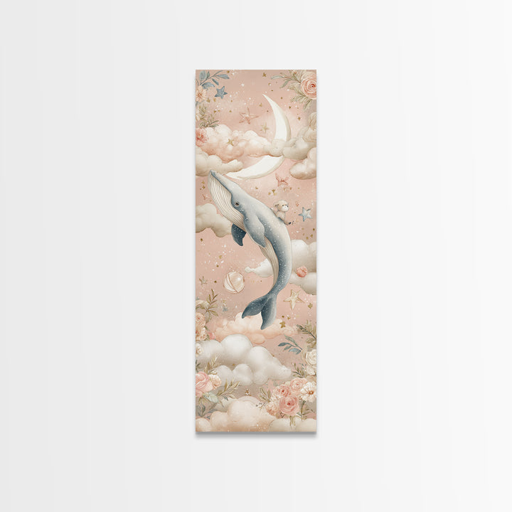 Baby Whale Swimming Through Stars Canvas Print, Nursery Decor, Framed Wall Art, Fine Art, Nursery, Safari Nursery Decor, NDE-1x3-44