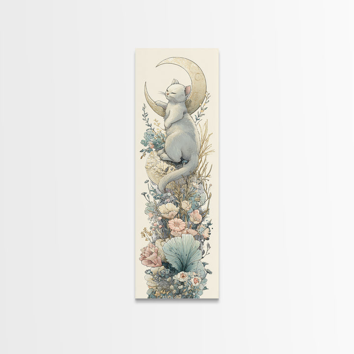 Sleeping Kitten on Crescent Moon Framed Canvas Print, Nursery Decor, Textured Painting, Fine Art, Nursery, Bedroom Decor, NDE-1x3-53