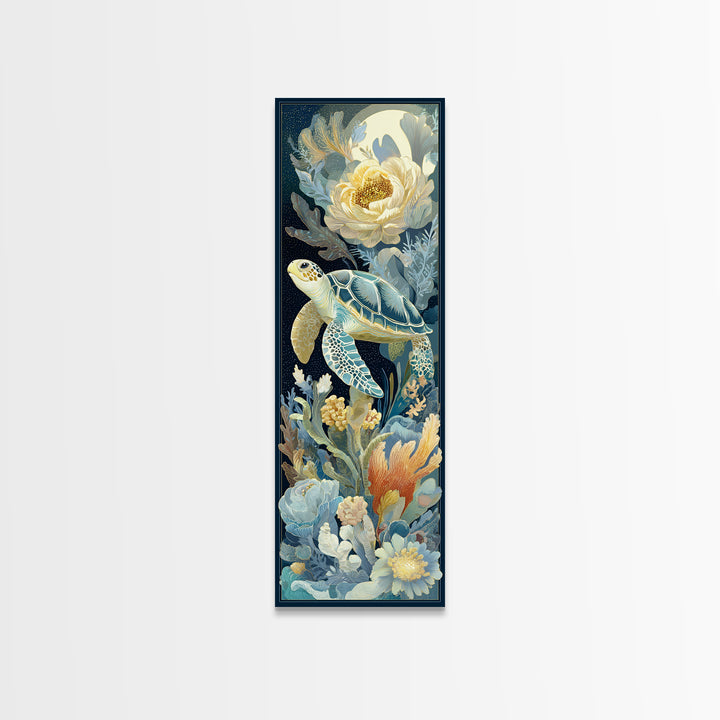 Tiny Turtle with Sea Plants Canvas Print, Nursery Decor, Floral Wallpaper, Oil Painting, Nursery, Fine Art Print, NDE-1x3-55