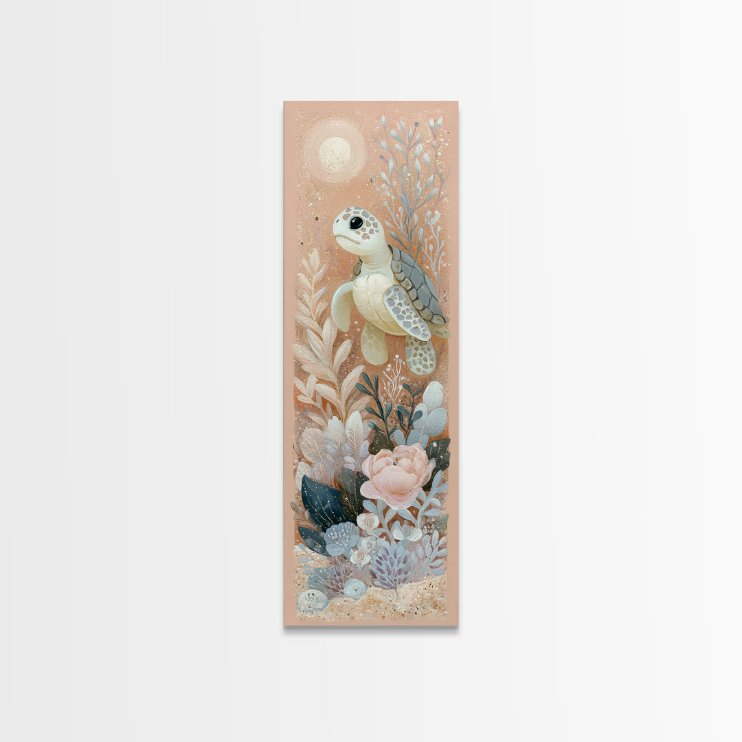 Tiny Turtle with Sea Plants Framed Canvas Print, Nursery Decor, Nursery Wall Decals, Fine Art, Nursery, Textured Painting, NDE-1x3-79